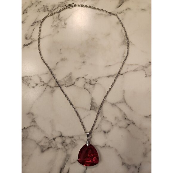 Vintage Red Crystal Pendant Necklace With Silver-Tone Chain - Picture 2 of 5
